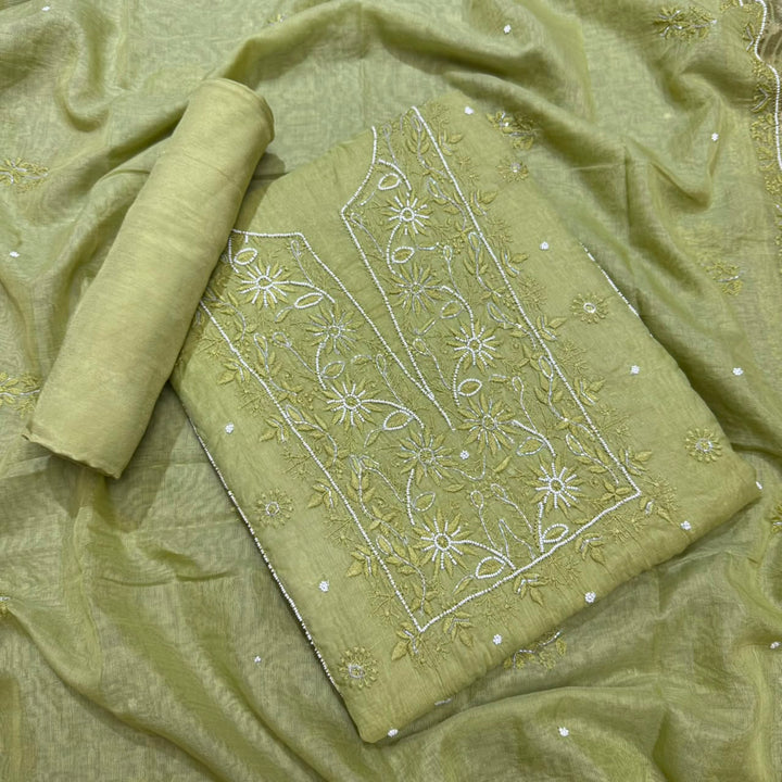 Pure Mal Chanderi Chikankari Pearl Work Unstitched Suit Set - KH0217-3