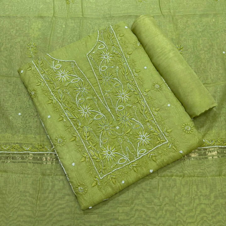 Pure Mal Chanderi Chikankari Pearl Work Unstitched Suit Set - KH0217-3