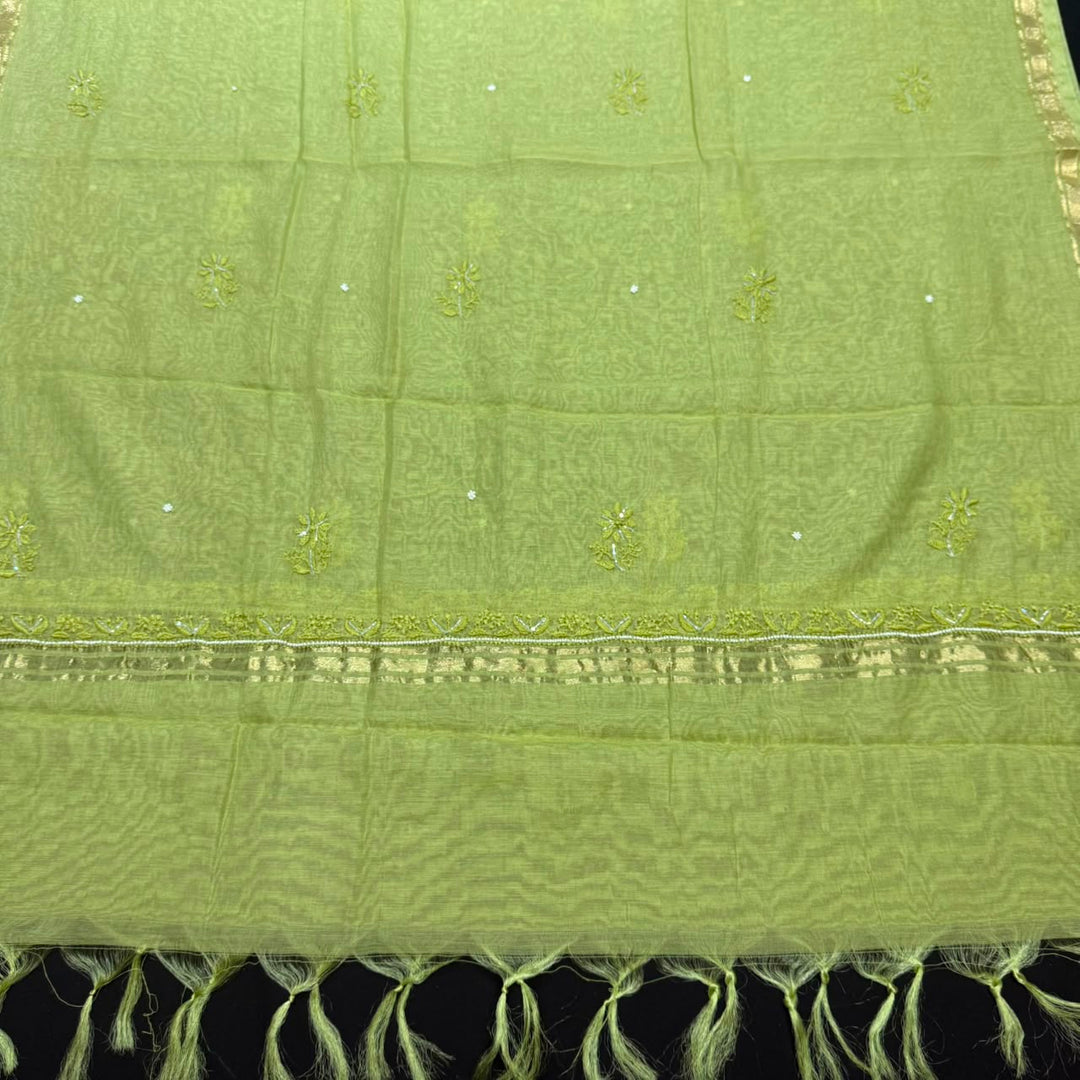 Pure Mal Chanderi Chikankari Pearl Work Unstitched Suit Set - KH0217-3
