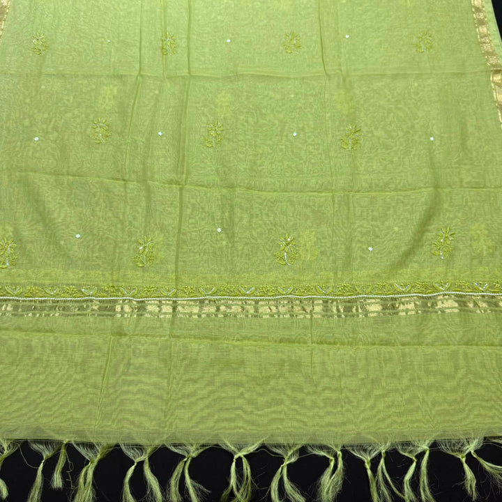 Pure Mal Chanderi Chikankari Pearl Work Unstitched Suit Set - KH0217-3