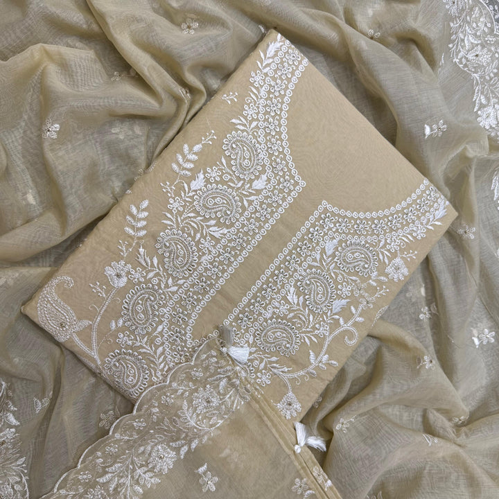 Premium Mul Chanderi Thread & Zari Work Unstiched Suit Set - LF1201-1C