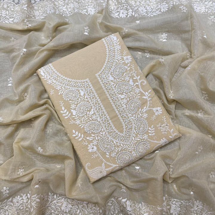 Premium Mul Chanderi Thread & Zari Work Unstiched Suit Set - LF1201-1C