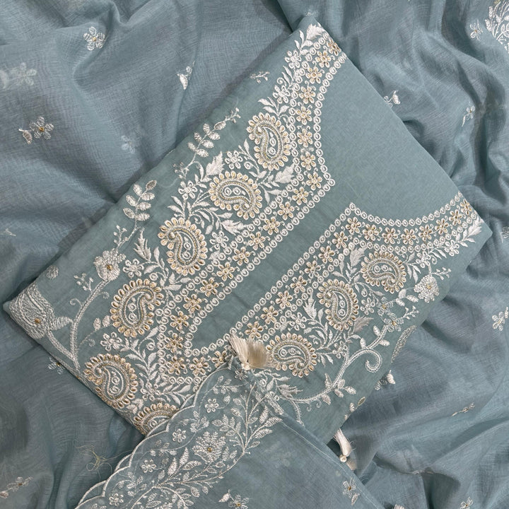 Premium Mul Chanderi Thread & Zari Work Unstiched Suit Set - LF1201-1E