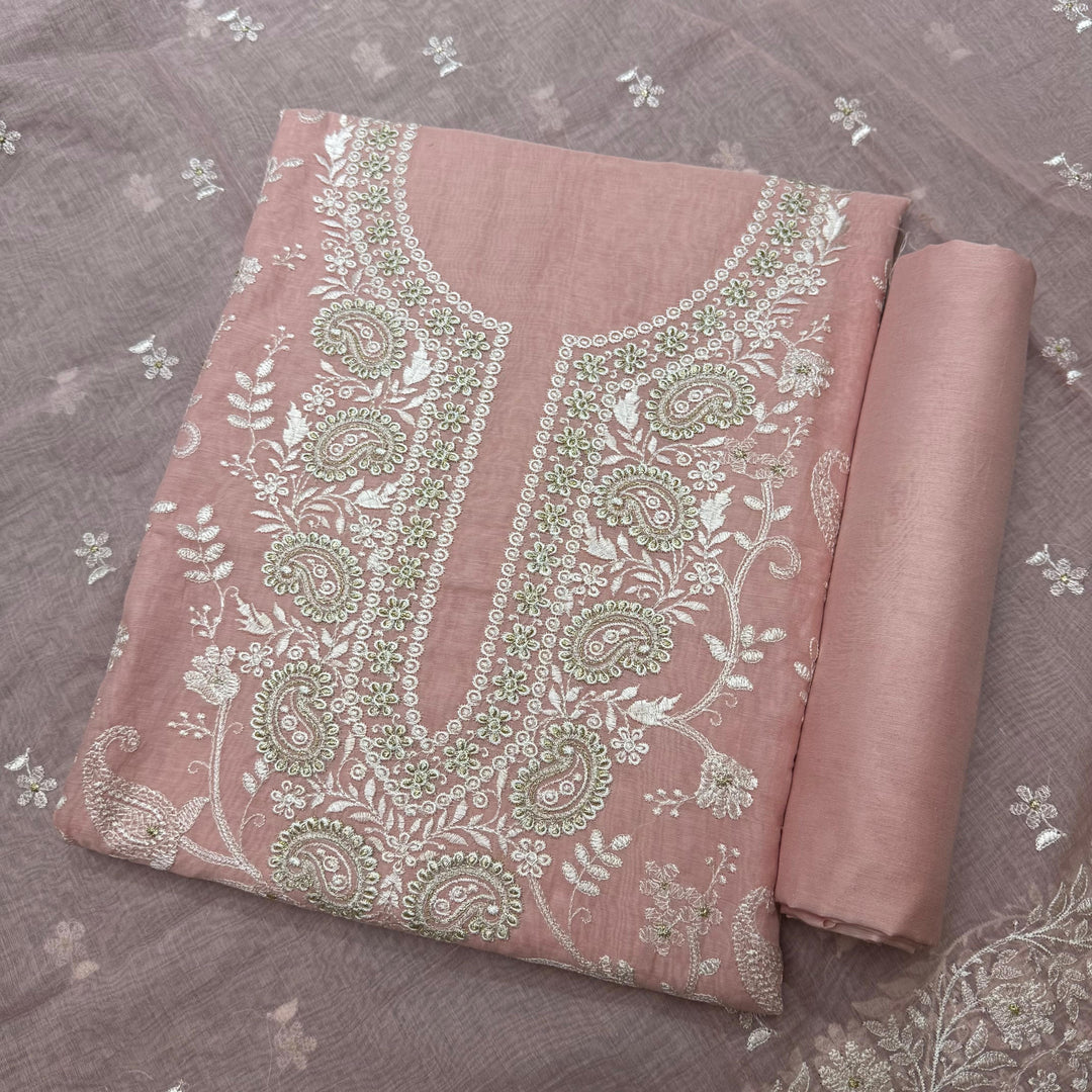 Premium Mul Chanderi Thread & Zari Work Unstiched Suit Set - LF1201-1D