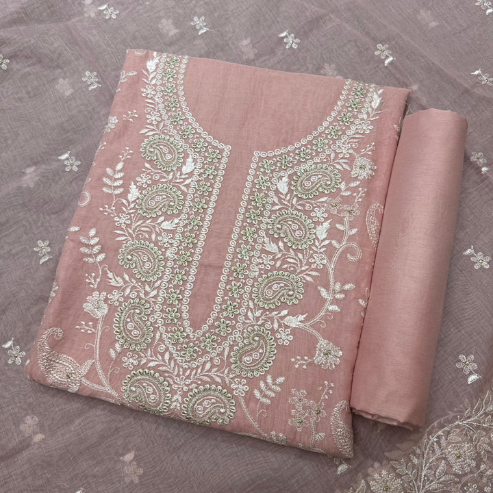 Premium Mul Chanderi Thread & Zari Work Unstiched Suit Set - LF1201-1D