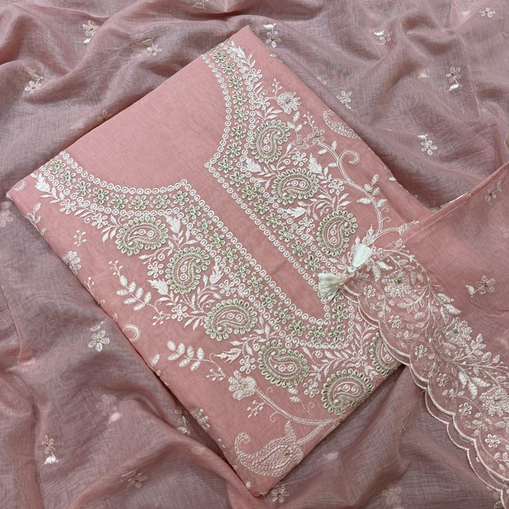 Premium Mul Chanderi Thread & Zari Work Unstiched Suit Set - LF1201-1D