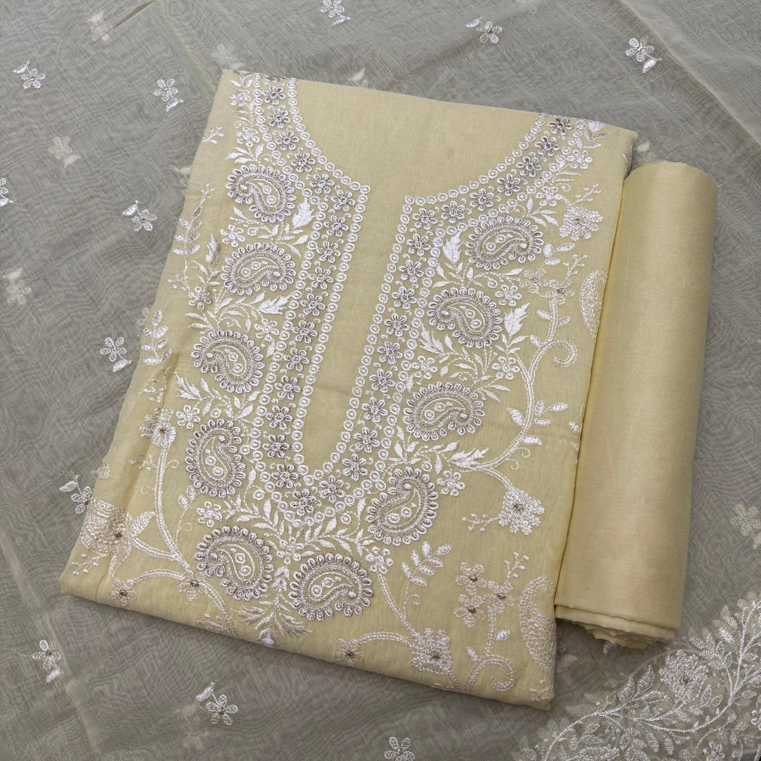 Premium Mul Chanderi Thread & Zari Work Unstiched Suit Set - LF1201-1A
