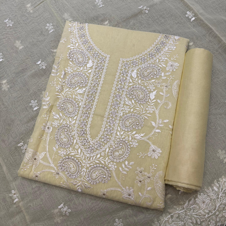 Premium Mul Chanderi Thread & Zari Work Unstiched Suit Set - LF1201-1A