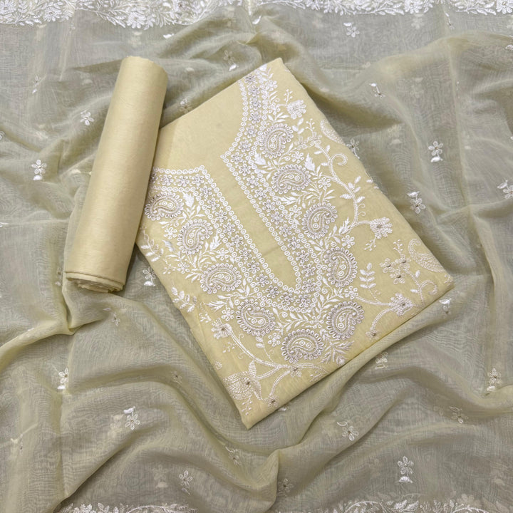 Premium Mul Chanderi Thread & Zari Work Unstiched Suit Set - LF1201-1A