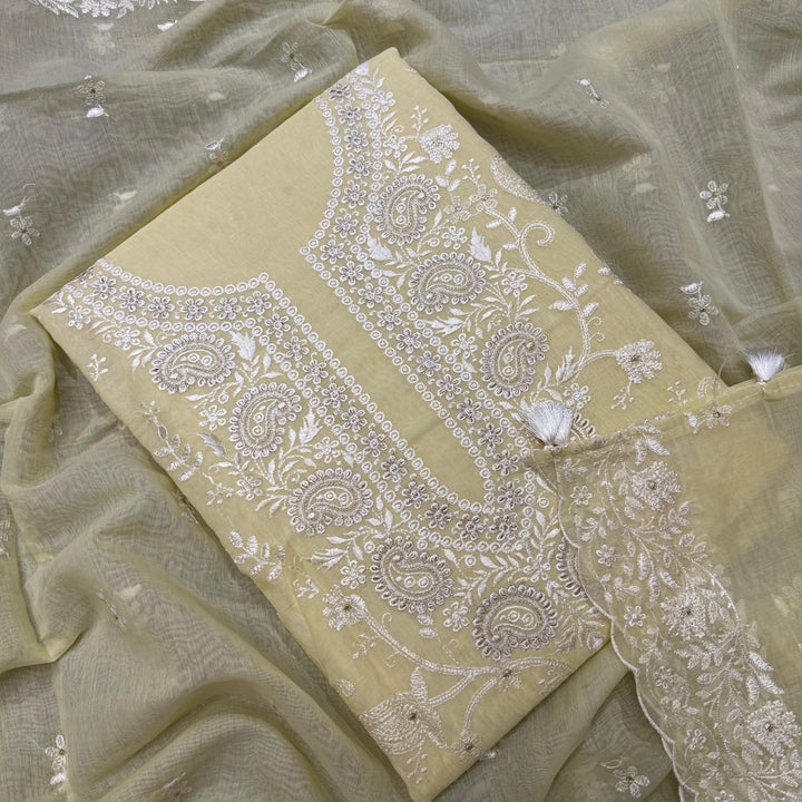 Premium Mul Chanderi Thread & Zari Work Unstiched Suit Set - LF1201-1A