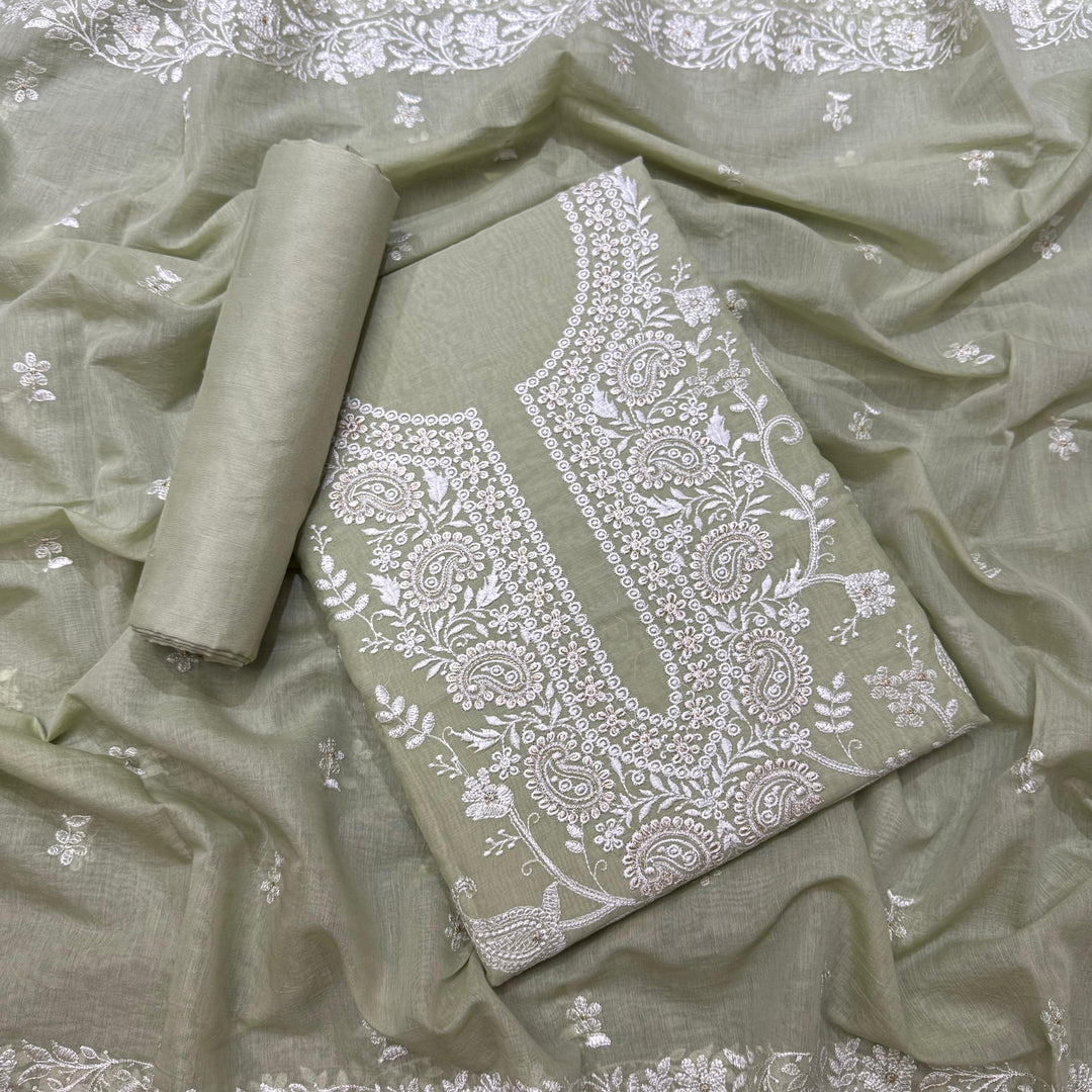 Premium Mul Chanderi Thread & Zari Work Unstiched Suit Set - LF1201-1B