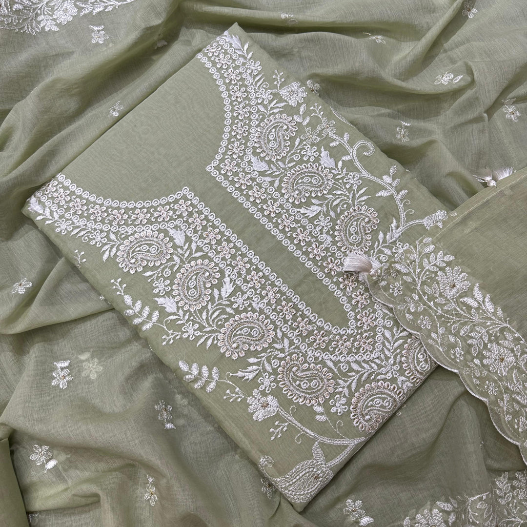 Premium Mul Chanderi Thread & Zari Work Unstiched Suit Set - LF1201-1B