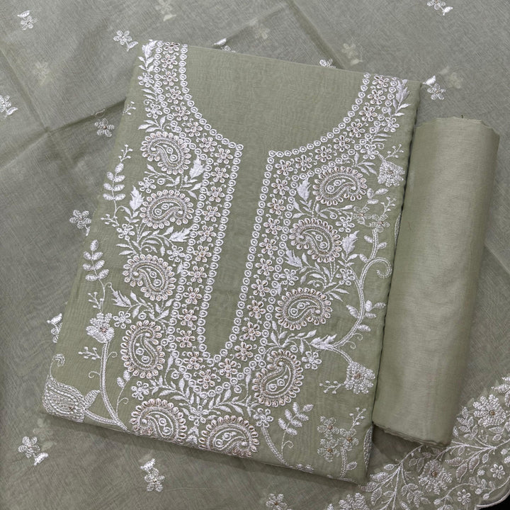 Premium Mul Chanderi Thread & Zari Work Unstiched Suit Set - LF1201-1B