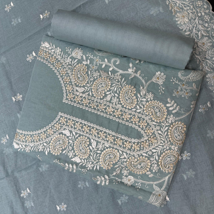Premium Mul Chanderi Thread & Zari Work Unstiched Suit Set - LF1201-1E