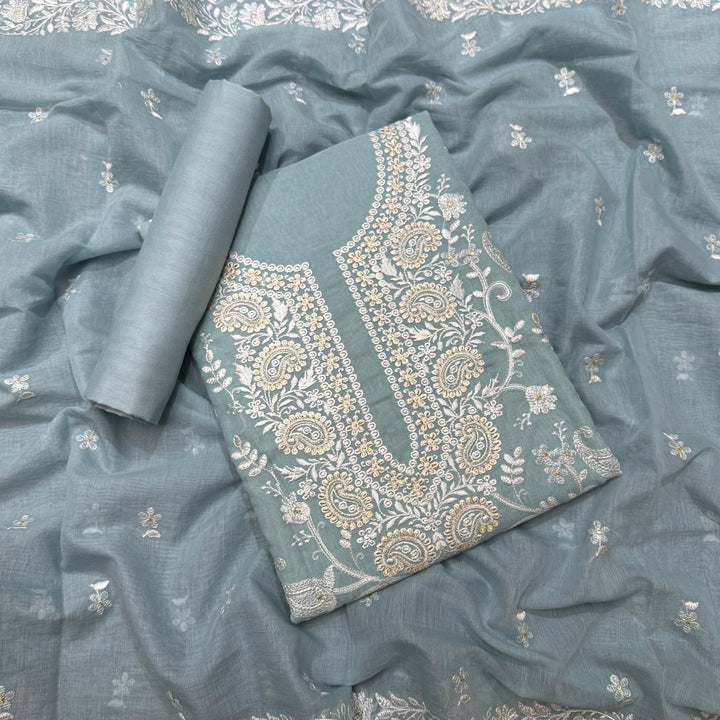 Premium Mul Chanderi Thread & Zari Work Unstiched Suit Set - LF1201-1E