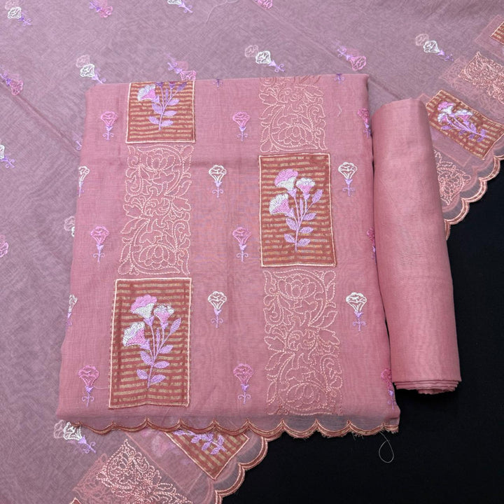 Luxury Mul Chanderi Thread Embroidered Unstitched Suit - LF1201-1