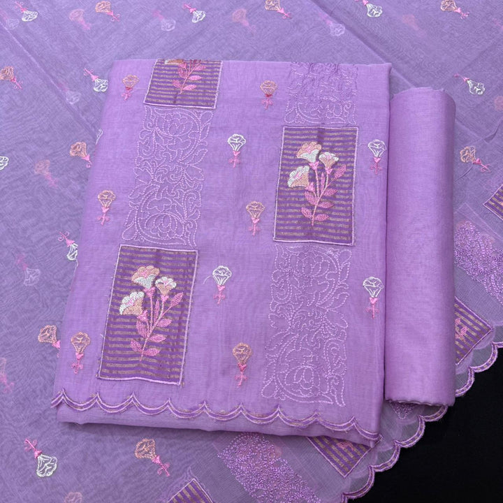 Luxury Mul Chanderi Thread Embroidered Unstitched Suit - LF1201-3