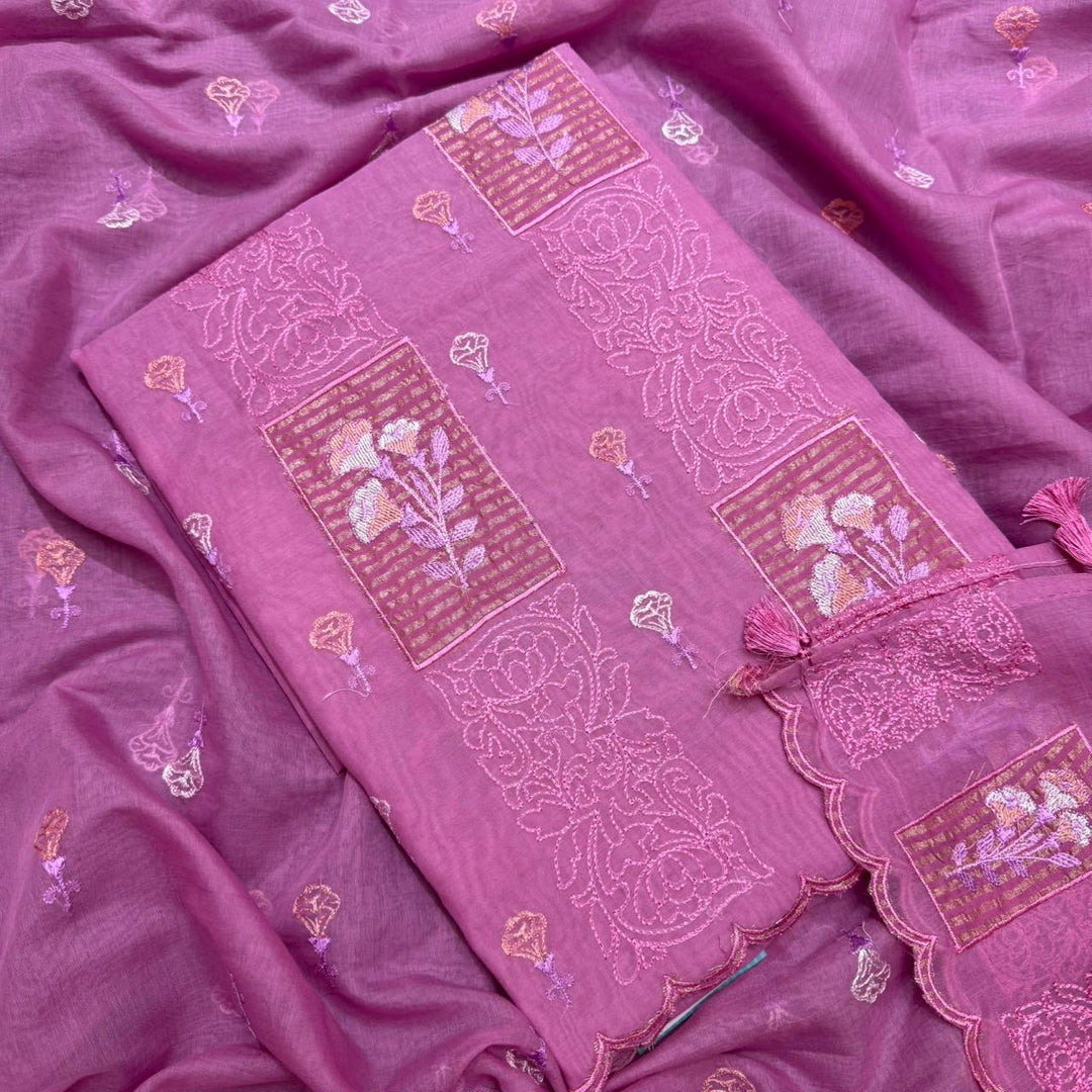 Luxury Mul Chanderi Thread Embroidered Unstitched Suit - LF1201-4
