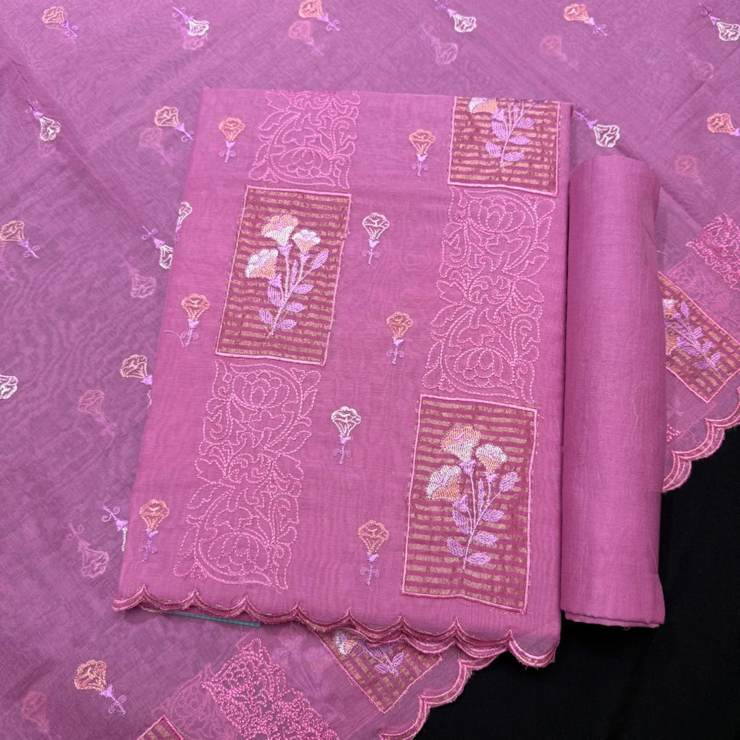 Luxury Mul Chanderi Thread Embroidered Unstitched Suit - LF1201-4