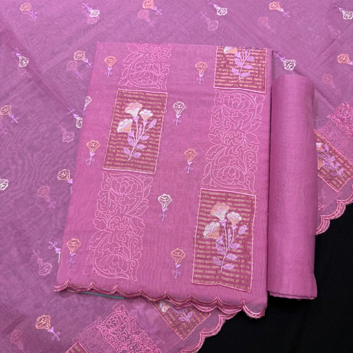 Luxury Mul Chanderi Thread Embroidered Unstitched Suit - LF1201-4