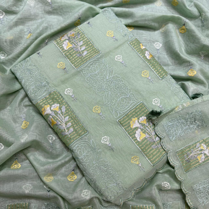 Luxury Mul Chanderi Thread Embroidered Unstitched Suit - LF1201-5