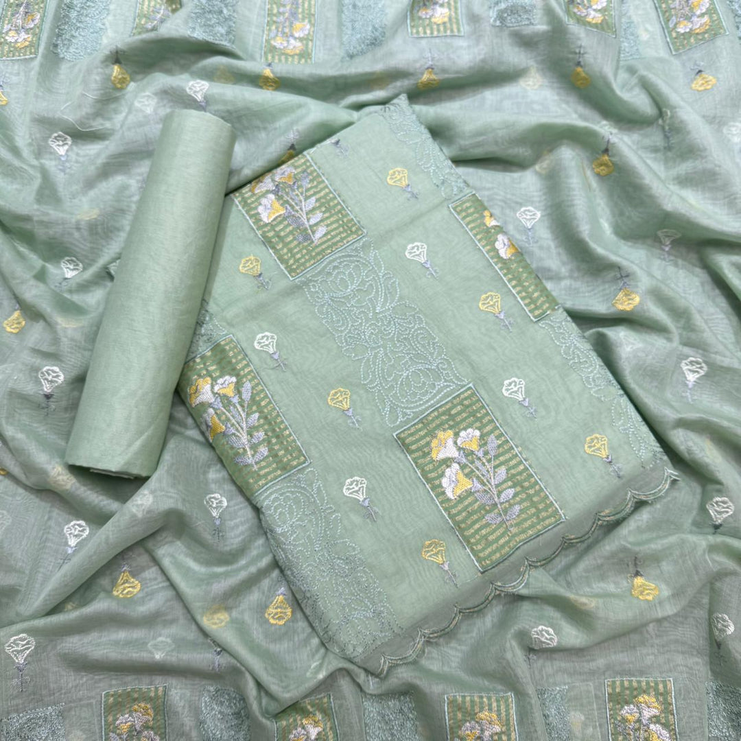 Luxury Mul Chanderi Thread Embroidered Unstitched Suit - LF1201-5