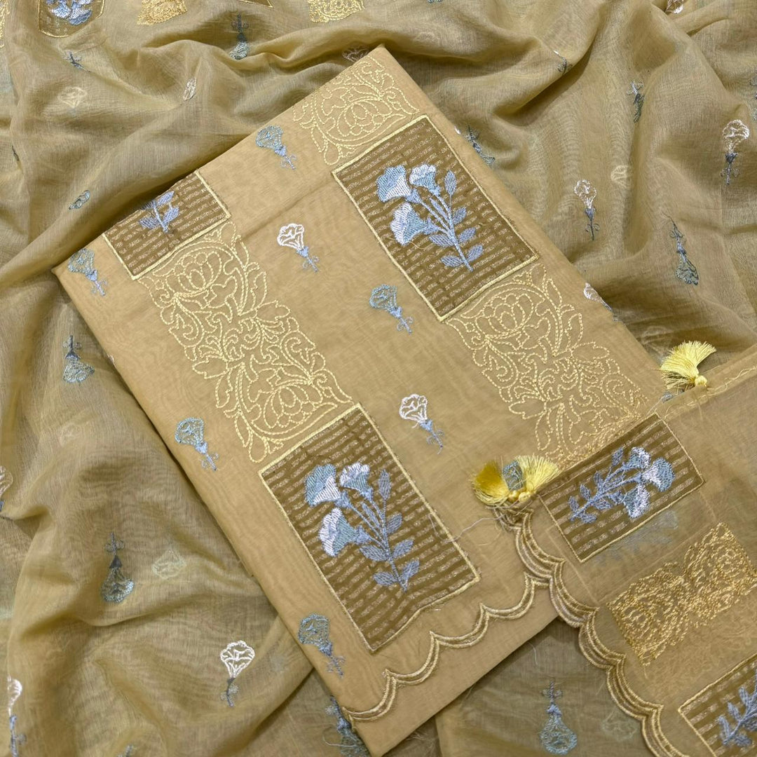 Luxury Mul Chanderi Thread Embroidered Unstitched Suit - LF1201-2