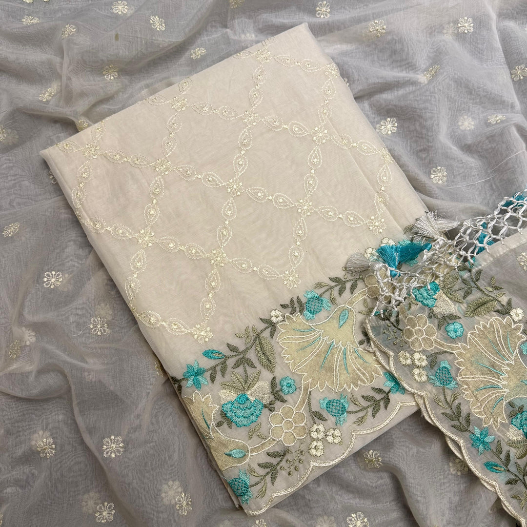 Premium Mul Chanderi Multicolour Embroidered Unstitched Suit Set - LF1301-5
