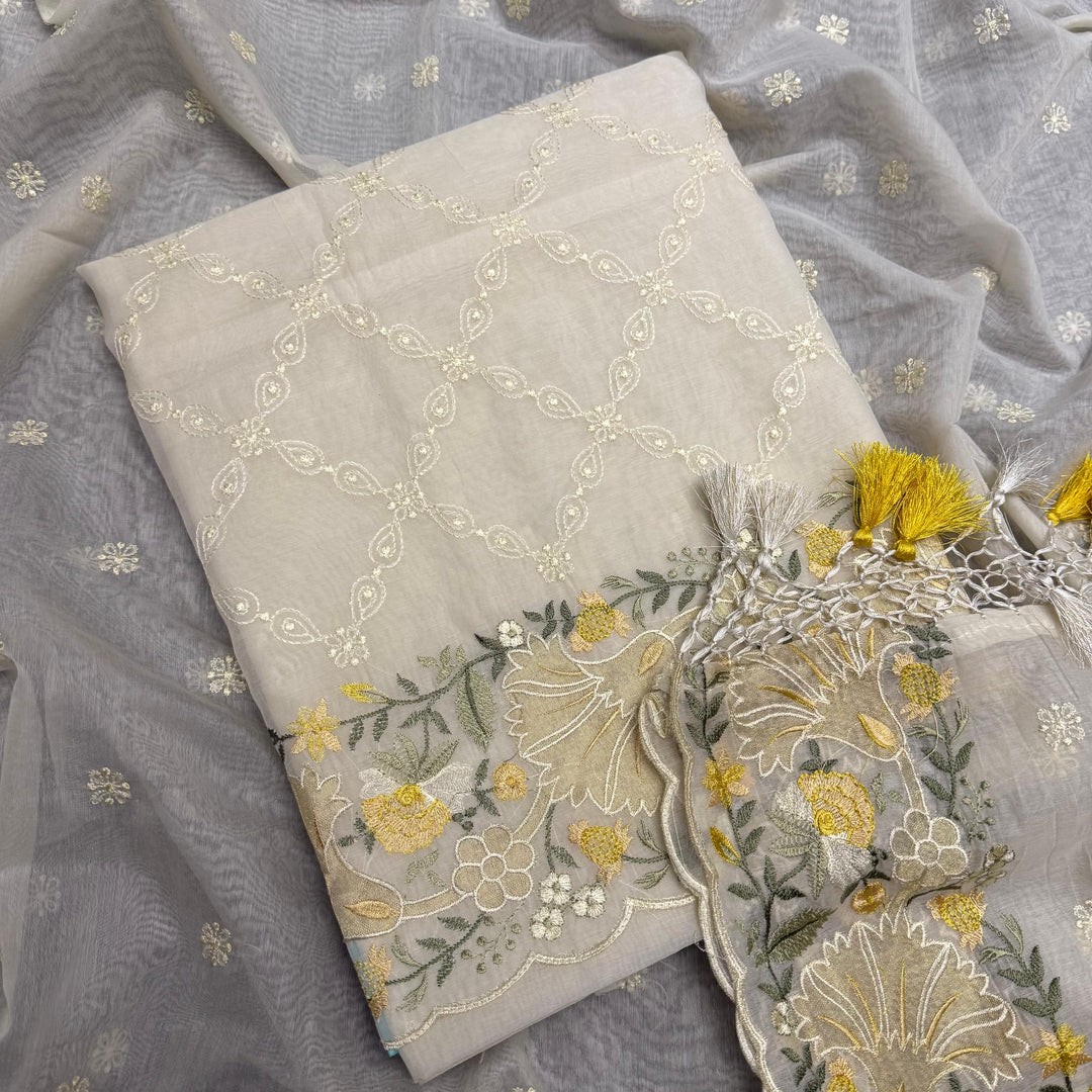 Premium Mul Chanderi Multicolour Embroidered Unstitched Suit Set - LF1301-3