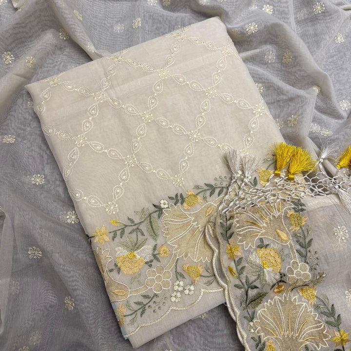 Premium Mul Chanderi Multicolour Embroidered Unstitched Suit Set - LF1301-3