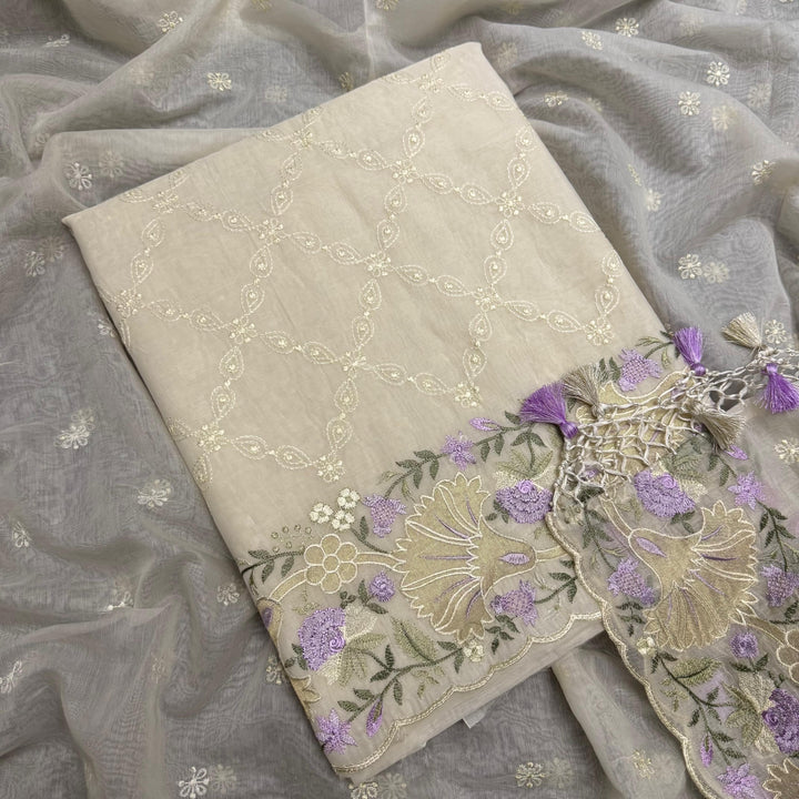 Premium Mul Chanderi Multicolour Embroidered Unstitched Suit Set - LF1301-2