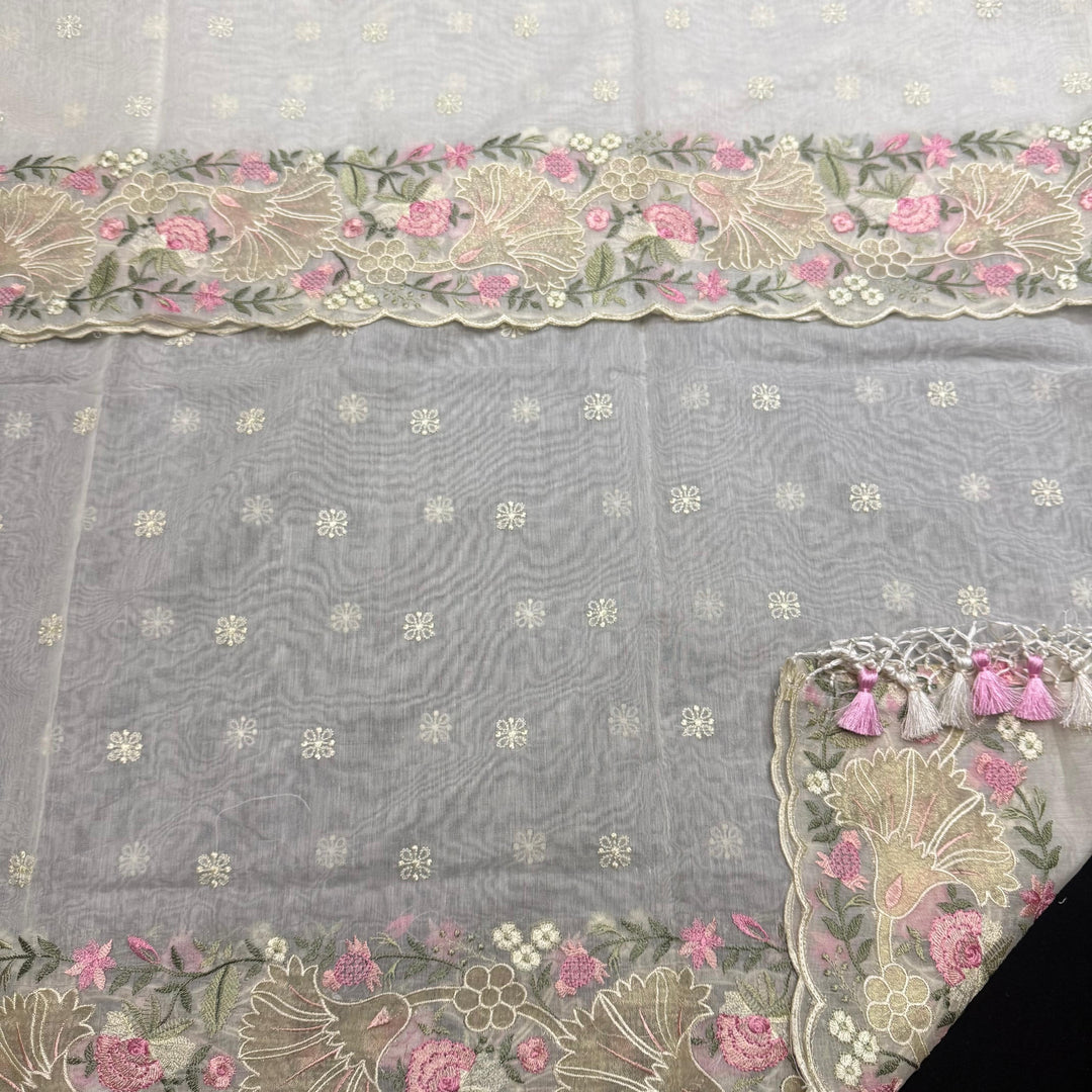 Premium Mul Chanderi Multicolour Embroidered Unstitched Suit Set - LF1301-4