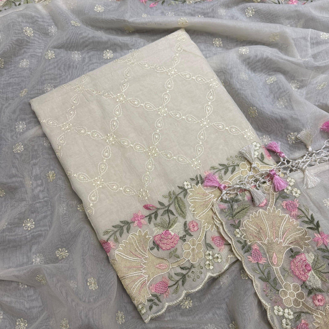 Premium Mul Chanderi Multicolour Embroidered Unstitched Suit Set - LF1301-4
