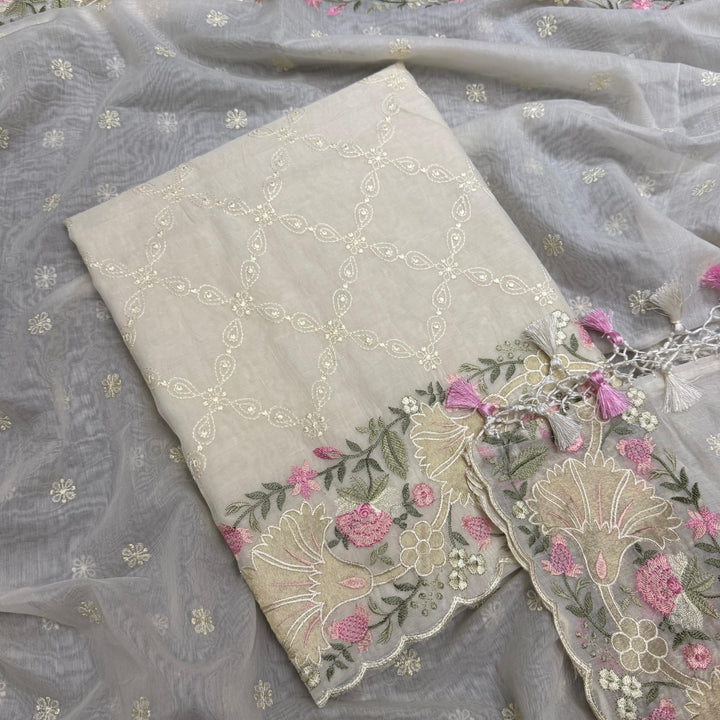 Premium Mul Chanderi Multicolour Embroidered Unstitched Suit Set - LF1301-4