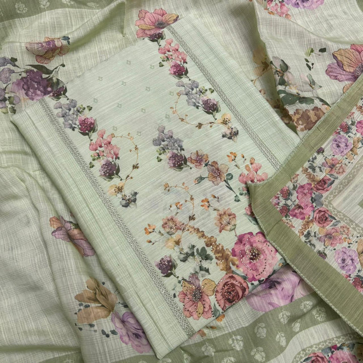 Vintage Silk Digital Print Unstitched Suit Set with Embroidery Lace Work - PSC030-03