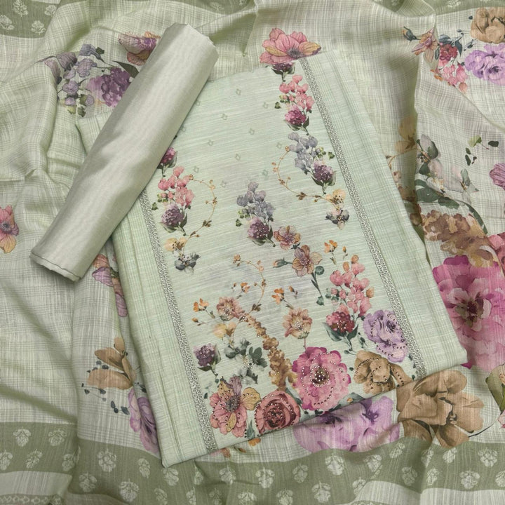 Vintage Silk Digital Print Unstitched Suit Set with Embroidery Lace Work - PSC030-03