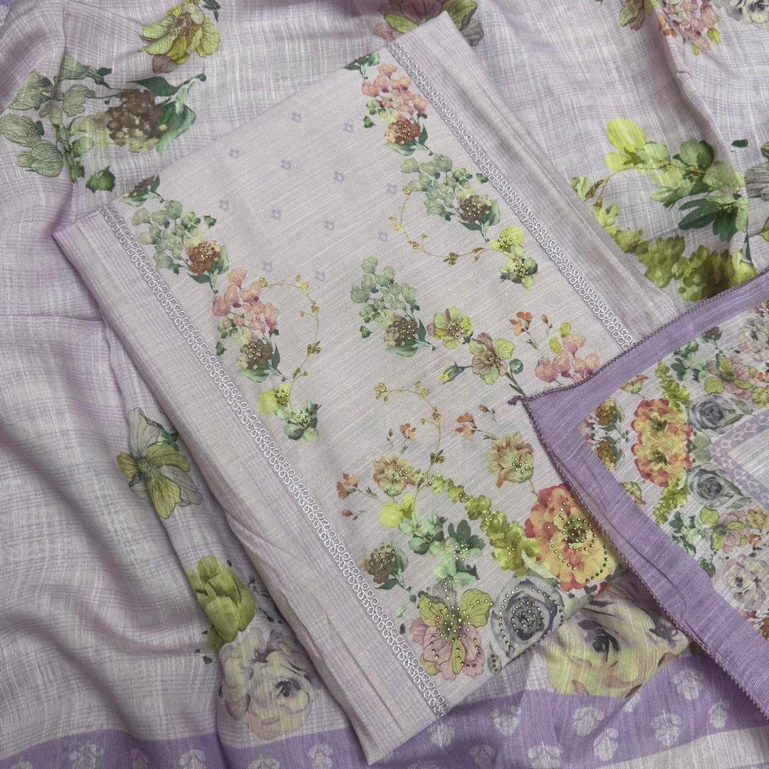Vintage Silk Digital Print Unstitched Suit Set with Embroidery Lace Work - PSC030-04