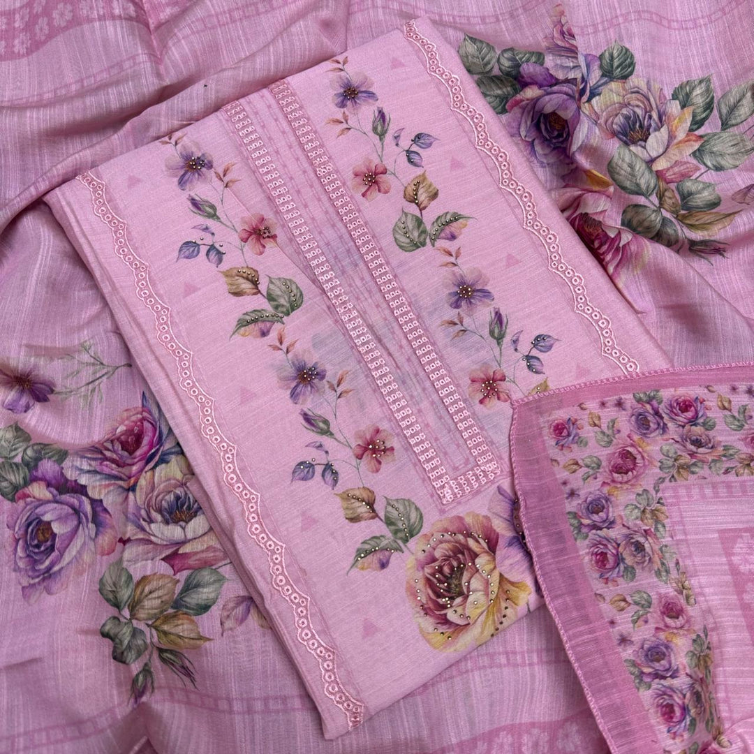 Vintage Silk Digital Print Unstitched Suit Set with Embroidery Lace Work - PSC030-05