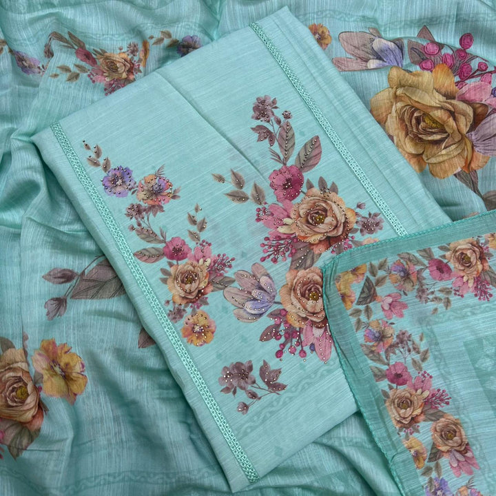 Vintage Silk Digital Print Unstitched Suit Set with Embroidery Lace Work - PSC030-06