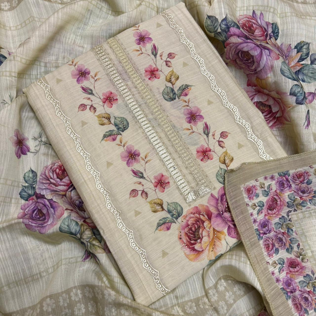 Vintage Silk Digital Print Unstitched Suit Set with Embroidery Lace Work - PSC030-02