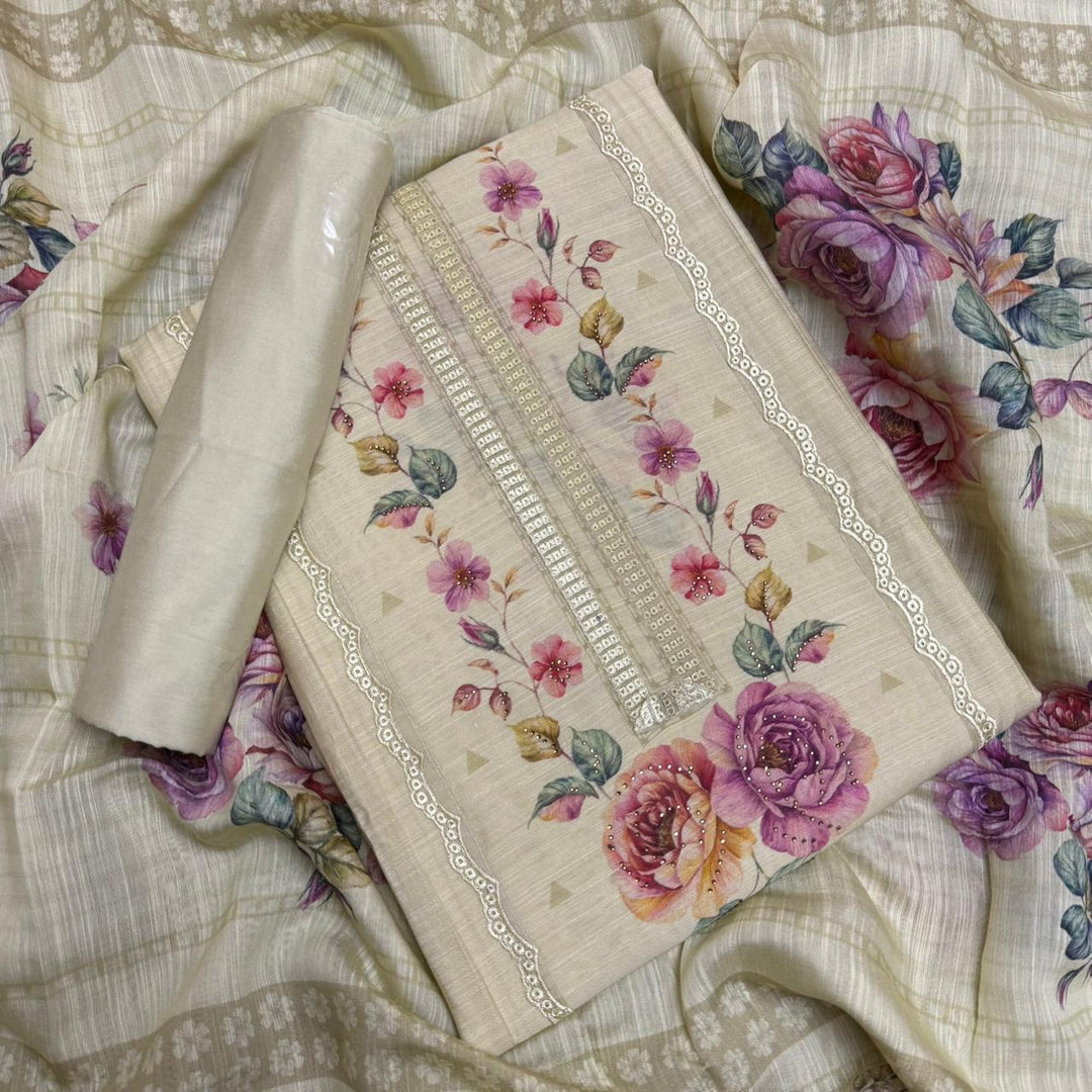 Vintage Silk Digital Print Unstitched Suit Set with Embroidery Lace Work - PSC030-02