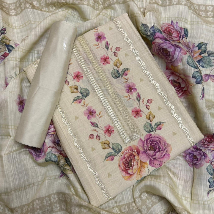 Vintage Silk Digital Print Unstitched Suit Set with Embroidery Lace Work - PSC030-02