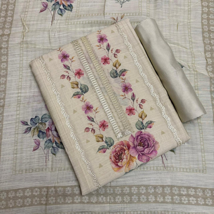 Vintage Silk Digital Print Unstitched Suit Set with Embroidery Lace Work - PSC030-02