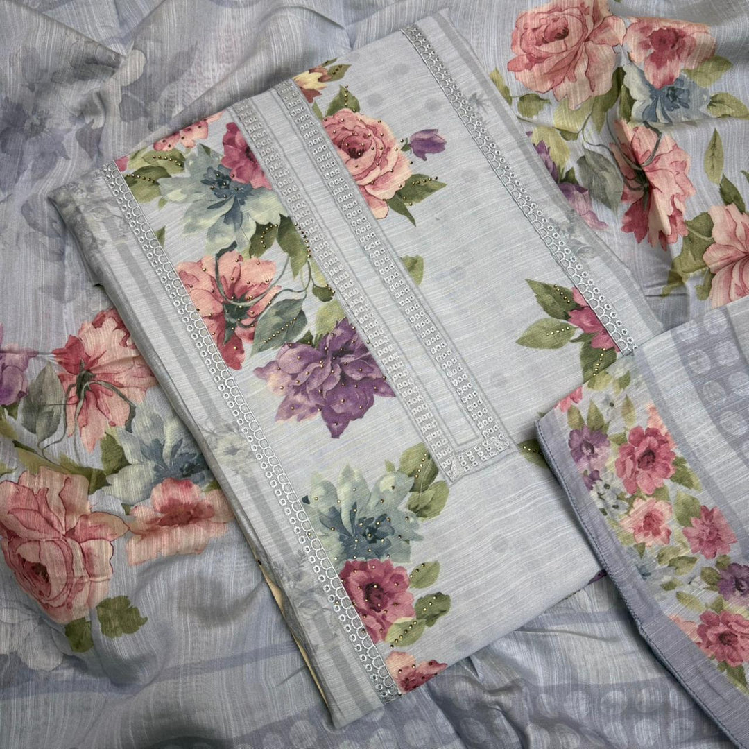 Vintage Silk Digital Print Unstitched Suit Set with Embroidery Lace Work - PSC030-01