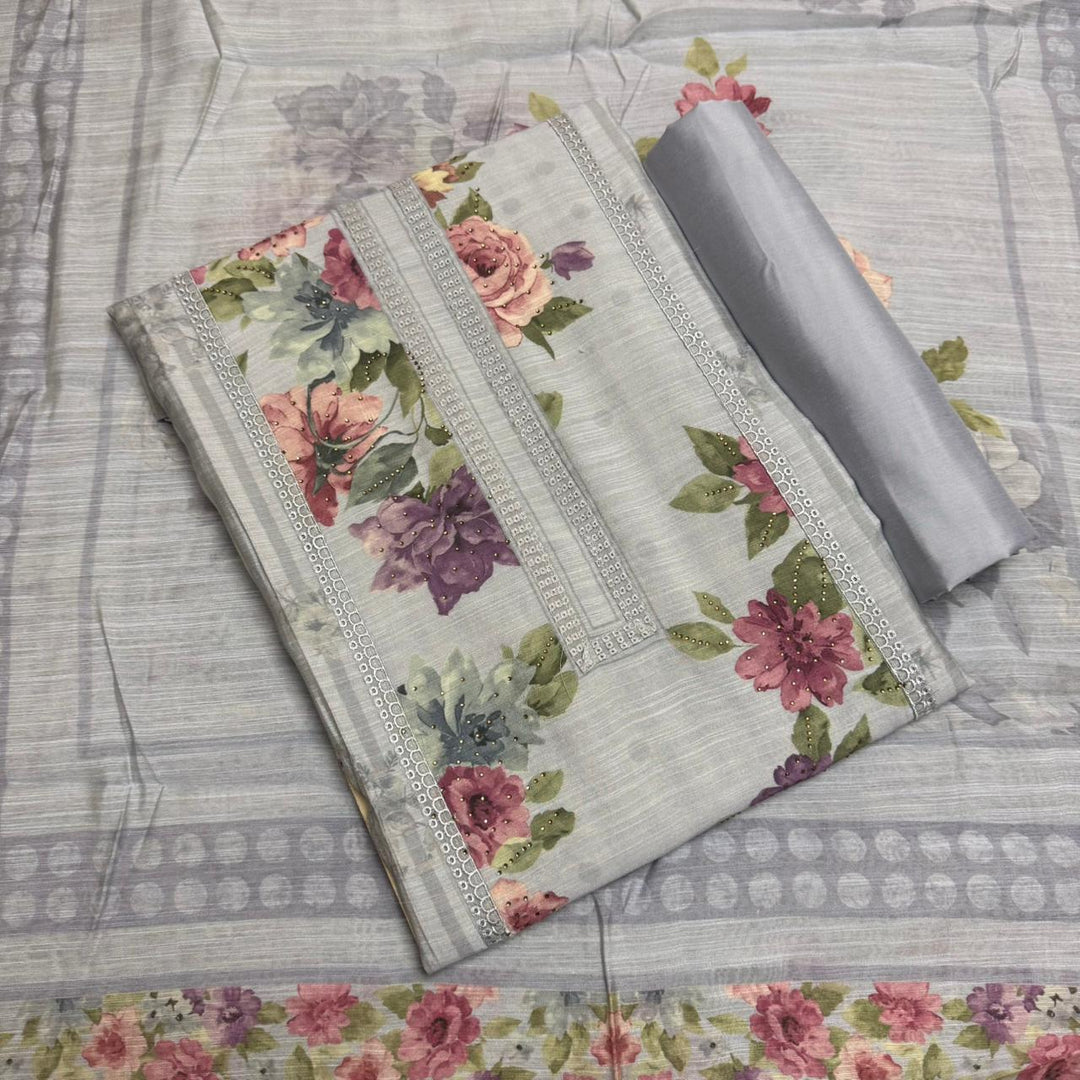 Vintage Silk Digital Print Unstitched Suit Set with Embroidery Lace Work - PSC030-01