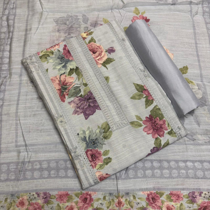 Vintage Silk Digital Print Unstitched Suit Set with Embroidery Lace Work - PSC030-01