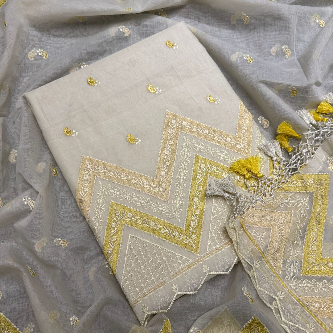 Elegant Mal Chanderi Thread Embroidered Unstitched Suit Set - LF1301-1B
