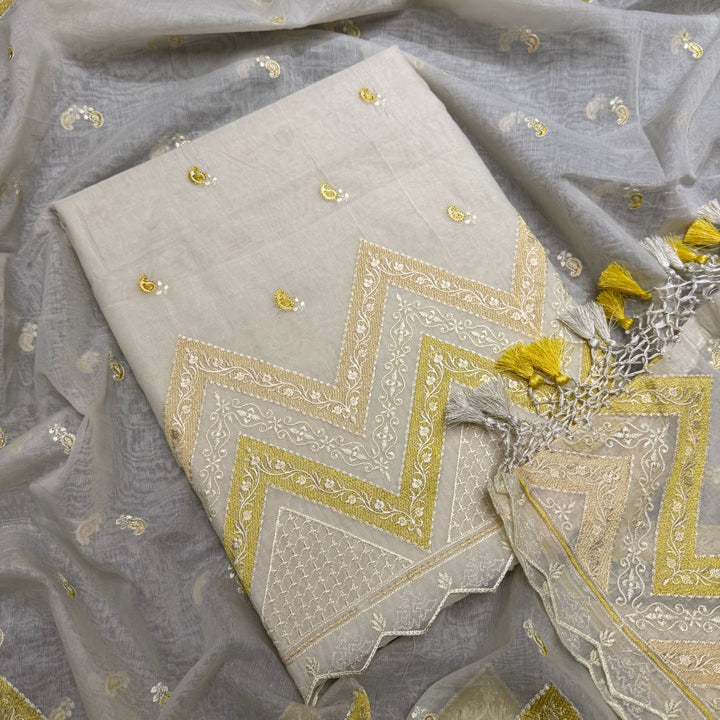 Elegant Mal Chanderi Thread Embroidered Unstitched Suit Set - LF1301-1B