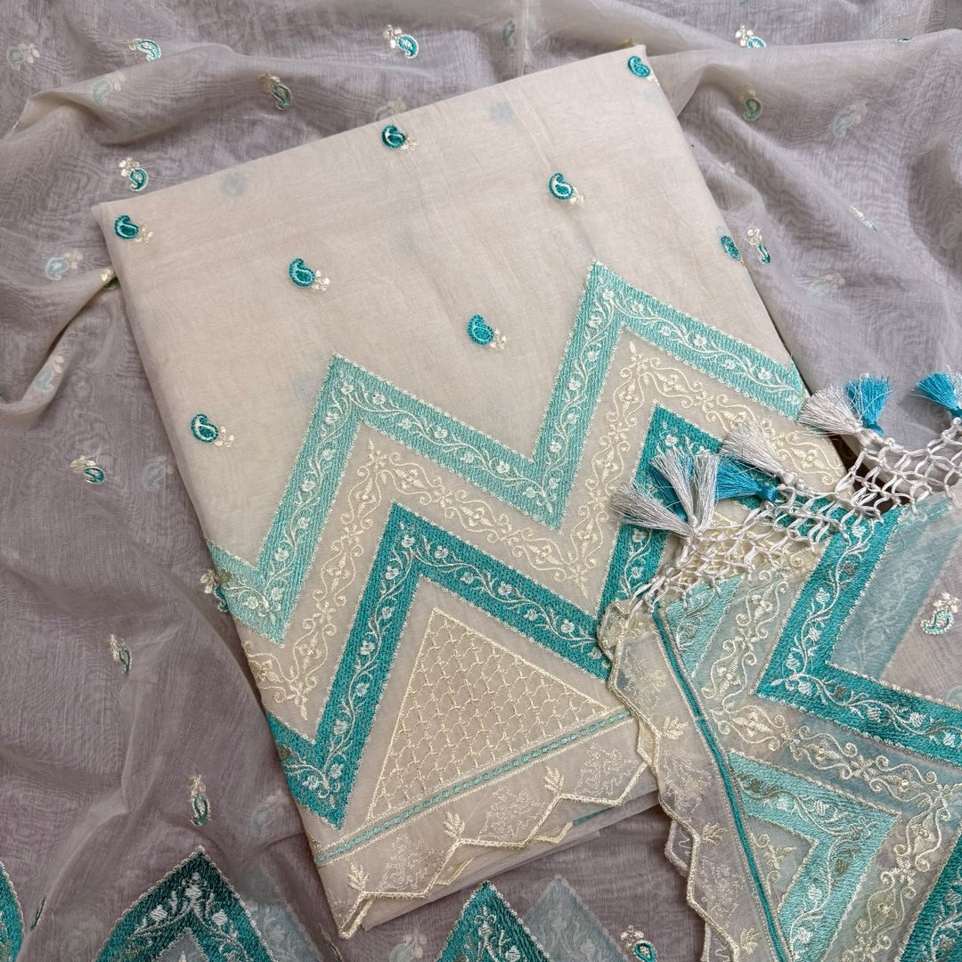 Elegant Mal Chanderi Thread Embroidered Unstitched Suit Set - LF1301-1C