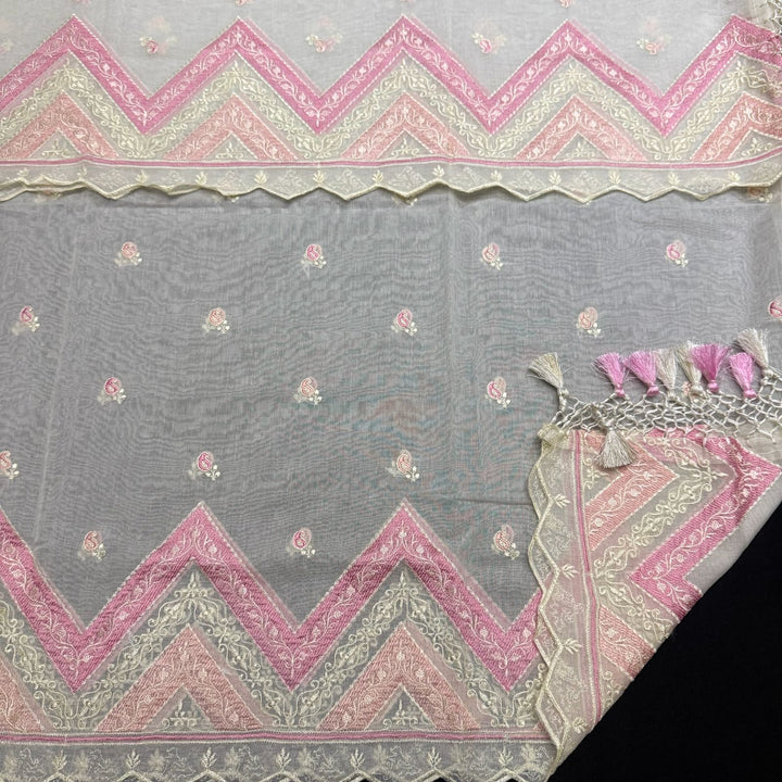 Elegant Mal Chanderi Thread Embroidered Unstitched Suit Set - LF1301-1D